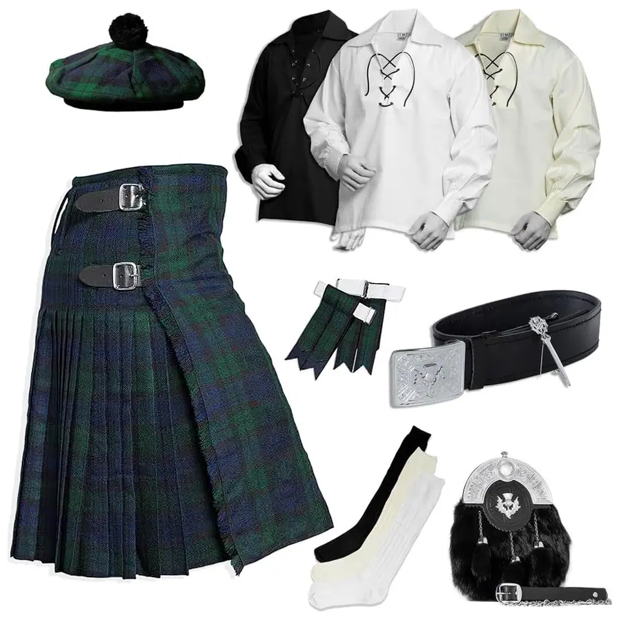 Black Watch tartan Highland wear set with kilt, shirts, belt, socks, cap and sporran